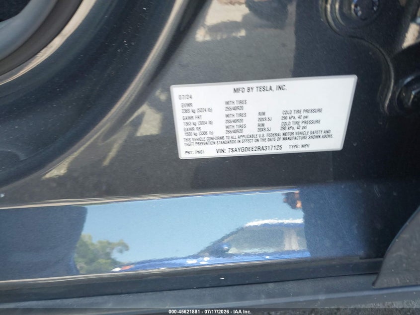 2024 Tesla Model y VIN 7SAYGDEE2RA317125 IAAI salvage auction — FRONT END, Salvage Title, sold $13,950 on 2026-08-27 (photo 9)