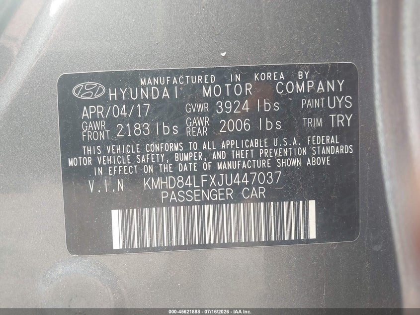 2018 Hyundai Elantra VIN KMHD84LFXJU447037 IAAI salvage auction — NORMAL WEAR, Clear (New Jersey), sold $325 on 2026-07-22 (photo 9)