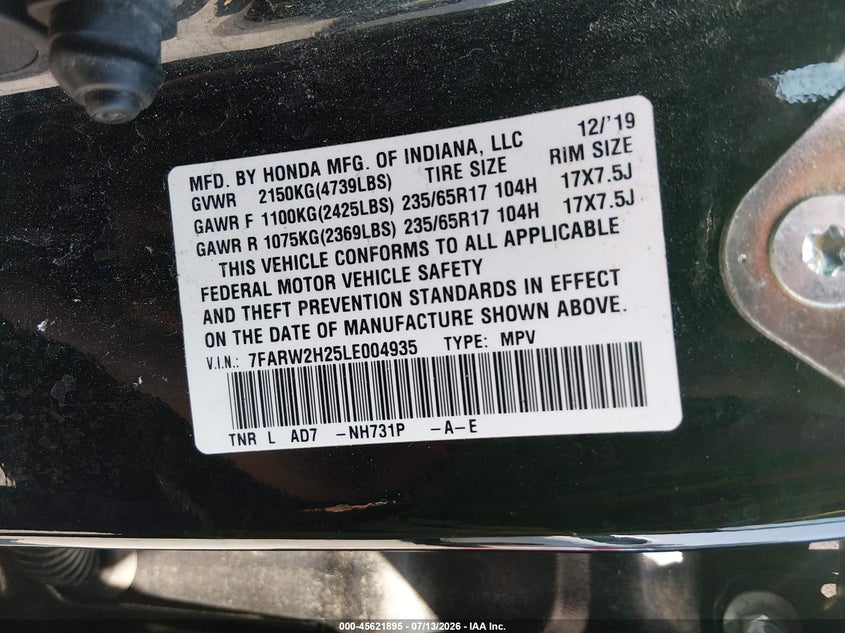2020 Honda Cr-v VIN 7FARW2H25LE004935 IAAI salvage auction — NORMAL WEAR, Clear (Virginia), sold $8,025 on 2026-07-21 (photo 9)