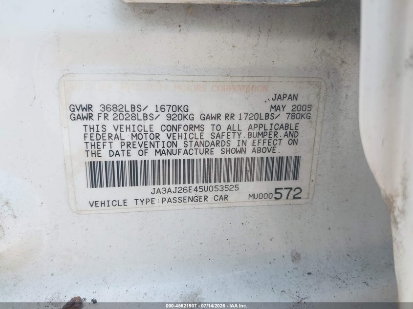 2005 Mitsubishi Lancer VIN JA3AJ26E45U053525 IAAI salvage auction — RIGHT REAR, Clear (Pennsylvania), sold $375 on 2026-07-28 (photo 9)