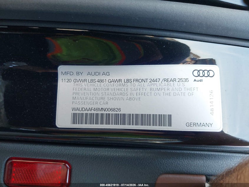 2021 Audi A4 VIN WAUDAAF46MN006826 IAAI salvage auction — SIDE, Salvage (Pennsylvania), sold $7,650 on 2026-09-01 (photo 9)