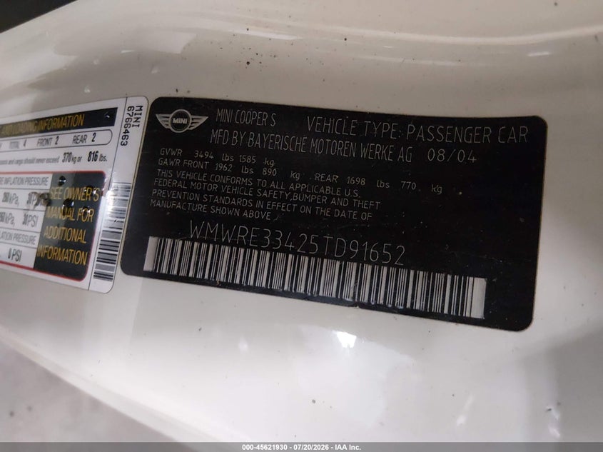2005 Mini Cooper VIN WMWRE33425TD91652 IAAI salvage auction — NORMAL WEAR, Clear (Illinois), sold $25 on 2026-07-29 (photo 9)