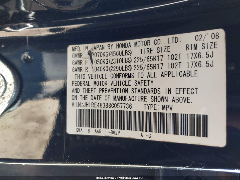 2008 Honda Cr-v VIN JHLRE48388C057736 IAAI salvage auction — NORMAL WEAR, Clear (New York), sold $1,050 on 2026-07-28 (photo 9)