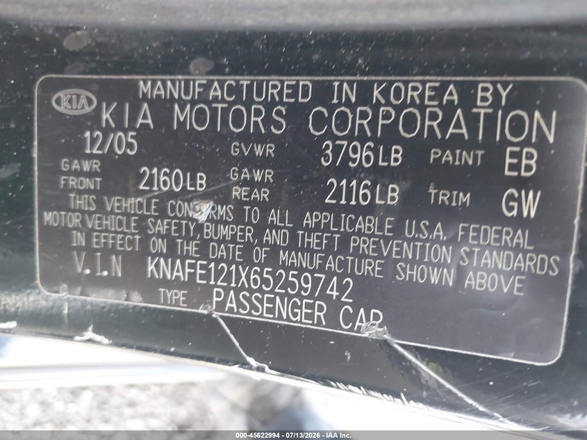 2006 Kia Spectra VIN KNAFE121X65259742 IAAI salvage auction — RIGHT SIDE, Rebuildable (Florida), sold $400 on 2026-07-22 (photo 9)