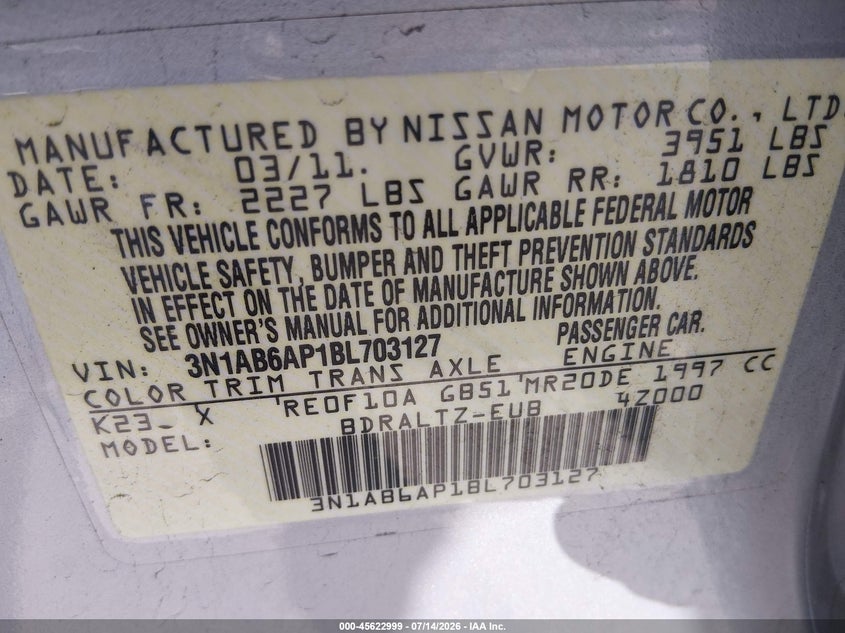 2011 Nissan Sentra VIN 3N1AB6AP1BL703127 IAAI salvage auction — NORMAL WEAR, Original (Texas), sold $800 on 2026-07-27 (photo 9)
