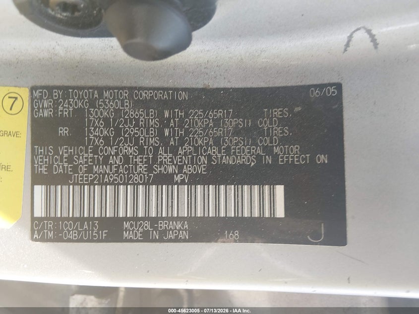2005 Toyota Highlander VIN JTEEP21A950128017 IAAI salvage auction — NORMAL WEAR, Clear (Pennsylvania), sold $900 on 2026-07-20 (photo 9)