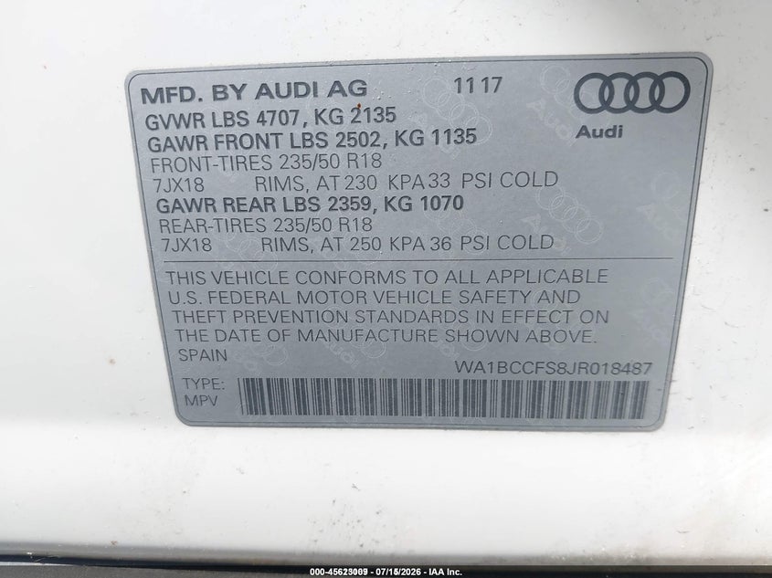 2018 Audi Q3 VIN WA1BCCFS8JR018487 IAAI salvage auction — NORMAL WEAR, Clear (North Carolina), sold $4,850 on 2026-07-29 (photo 9)