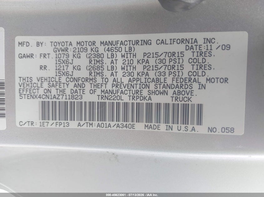 2010 Toyota Tacoma VIN 5TENX4CN1AZ711823 IAAI salvage auction — NORMAL WEAR, Clear (Tennessee), sold $1,450 on 2026-07-23 (photo 9)