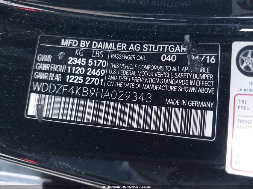 2017 Mercedes-benz E-klasse VIN WDDZF4KB9HA029343 IAAI salvage auction — FRONT END, Rebuildable (Florida), sold $4,350 on 2026-08-13 (photo 9)