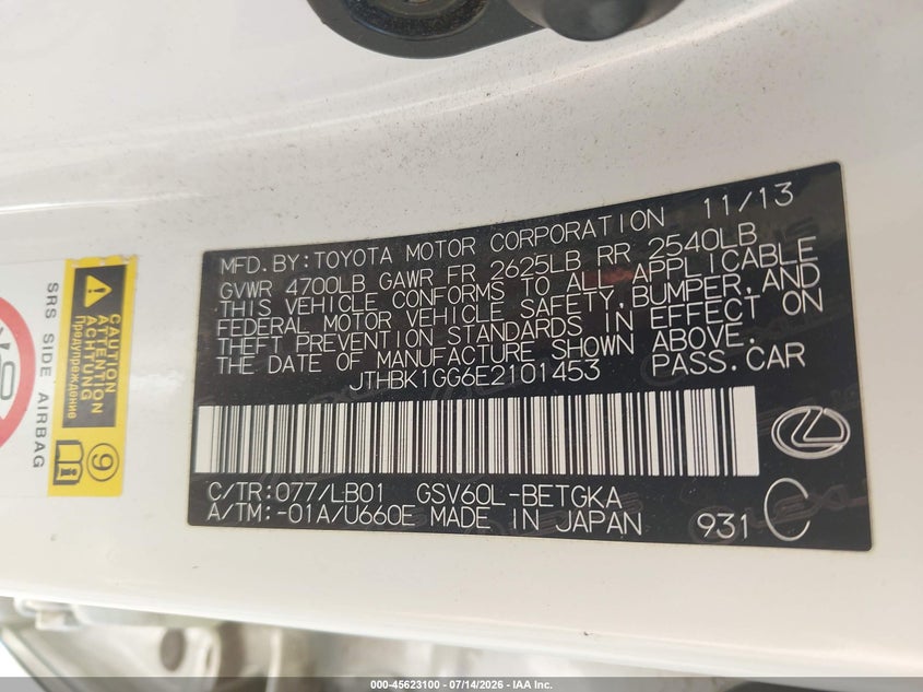 2014 Lexus ES VIN JTHBK1GG6E2101453 IAAI salvage auction — FRONT END, Salvage (Missouri), sold $3,525 on 2026-09-01 (photo 9)