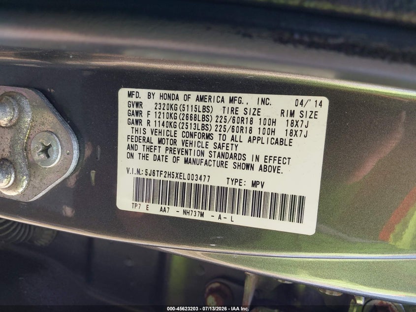 2014 Honda Crosstour VIN 5J6TF2H5XEL003477 IAAI salvage auction — NORMAL WEAR, Salvage Title, sold $1,525 on 2026-07-30 (photo 9)