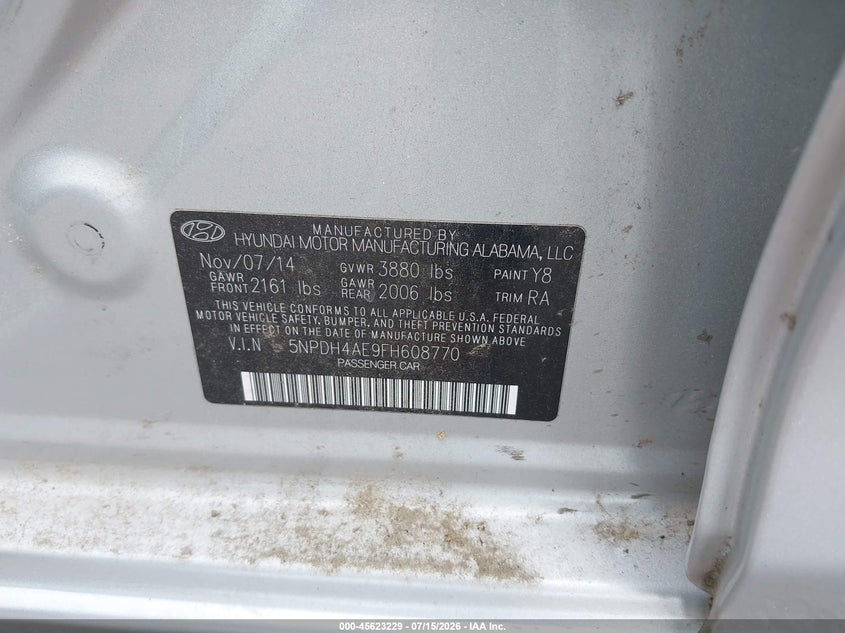 2015 Hyundai Elantra VIN 5NPDH4AE9FH608770 IAAI salvage auction — UNKNOWN, Salvage Title, sold $50 on 2026-07-19 (photo 9)