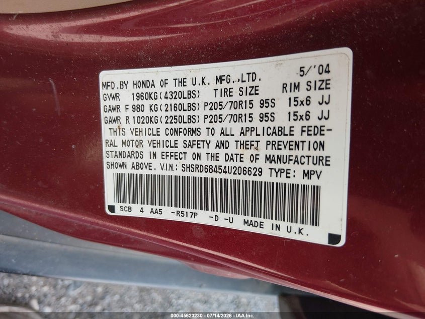 2004 Honda Cr-v VIN SHSRD68454U206629 IAAI salvage auction — NORMAL WEAR, Clear (Tennessee), sold $400 on 2026-07-29 (photo 9)