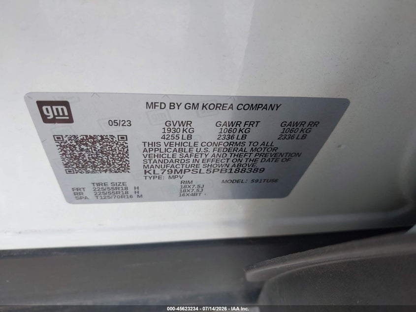 2023 Chevrolet Trailblazer VIN KL79MPSL5PB188389 IAAI salvage auction — HAIL, Clear (Missouri), sold $8,975 on 2026-08-31 (photo 9)