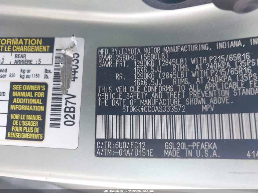 2010 Toyota Sienna VIN 5TDKK4CC0AS333572 IAAI salvage auction — NORMAL WEAR, Clear (Pennsylvania), sold $1,250 on 2026-07-24 (photo 9)