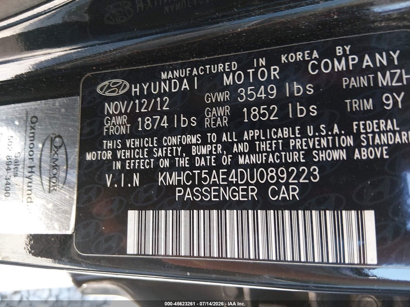2013 Hyundai Accent VIN KMHCT5AE4DU089223 IAAI salvage auction — NORMAL WEAR, Clear (Indiana), sold $225 on 2026-07-29 (photo 9)