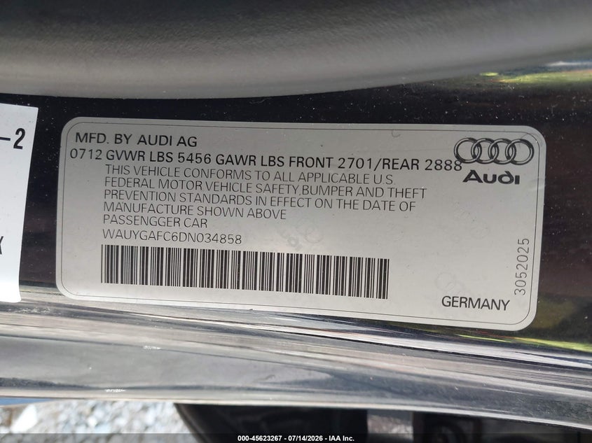 2013 Audi A7 VIN WAUYGAFC6DN034858 IAAI salvage auction — RIGHT SIDE, Salvage (Ohio), sold $1,750 on 2026-08-16 (photo 9)