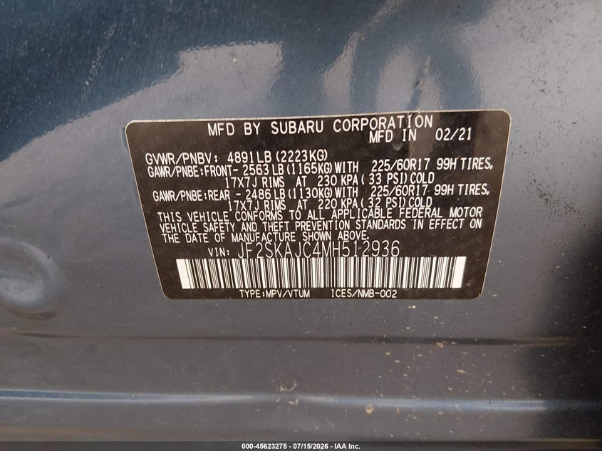 2021 Subaru Forester VIN JF2SKAJC4MH512936 IAAI salvage auction — LEFT SIDE, Salvage Title, sold $3,350 on 2026-08-02 (photo 8)
