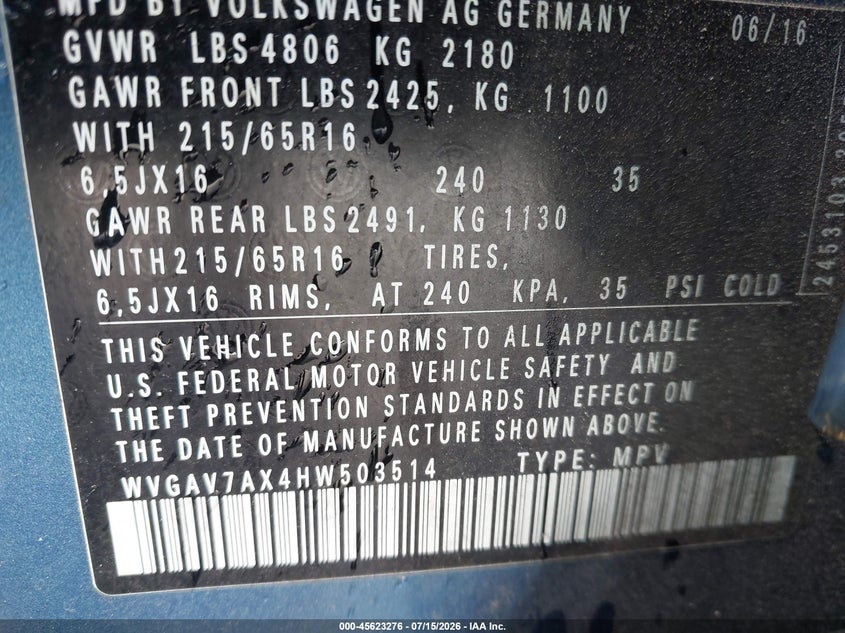 2017 Volkswagen Tiguan VIN WVGAV7AX4HW503514 IAAI salvage auction — NORMAL WEAR, Clear (Georgia), sold $1,600 on 2026-07-29 (photo 9)