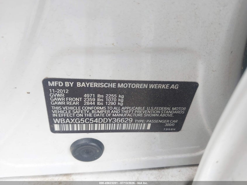 2013 BMW VIN WBAXG5C54DDY36629 IAAI salvage auction — NORMAL WEAR, Salvage Title, sold $1,025 on 2026-07-28 (photo 9)