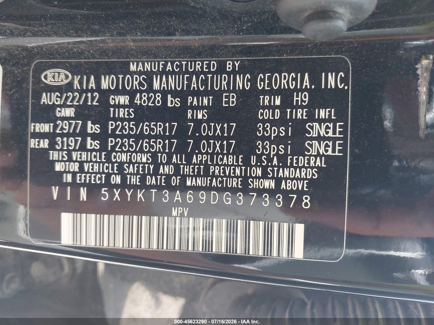 2013 Kia Sorento VIN 5XYKT3A69DG373378 IAAI salvage auction — NORMAL WEAR, Salvage Title, sold $25 on 2026-07-22 (photo 9)