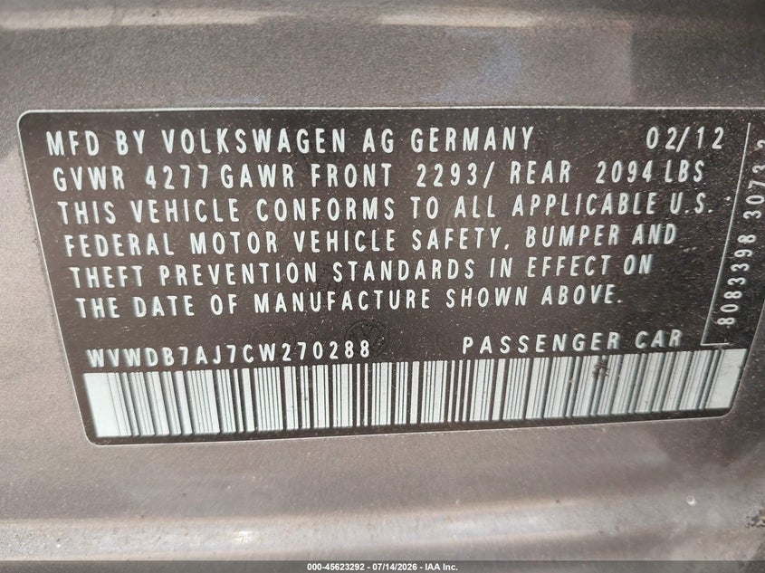 2012 Volkswagen Golf VIN WVWDB7AJ7CW270288 IAAI salvage auction — NORMAL WEAR, Clear (Florida), sold $550 on 2026-07-24 (photo 9)