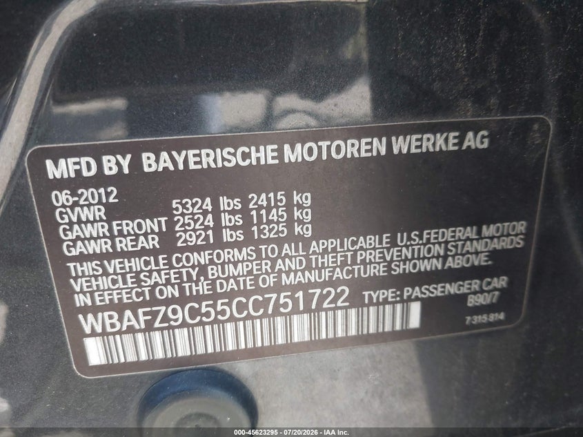 2012 BMW 5er VIN WBAFZ9C55CC751722 IAAI salvage auction — REAR END, Salvage (Connecticut), sold $1,750 on 2026-08-01 (photo 9)