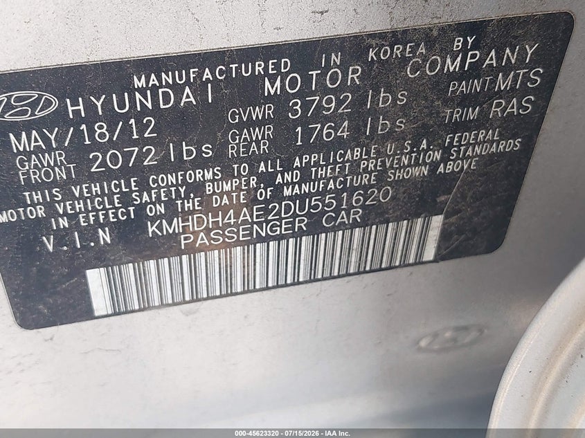 2013 Hyundai Elantra VIN KMHDH4AE2DU551620 IAAI salvage auction — RIGHT SIDE, Salvage - Greater Than 75% (Maryland), sold $1,400 on 2026-08-01 (photo 9)