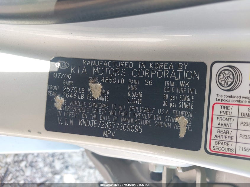 2007 Kia Sportage VIN KNDJE723377309095 IAAI salvage auction — NORMAL WEAR, Clear (Illinois), sold $1,650 on 2026-07-20 (photo 9)