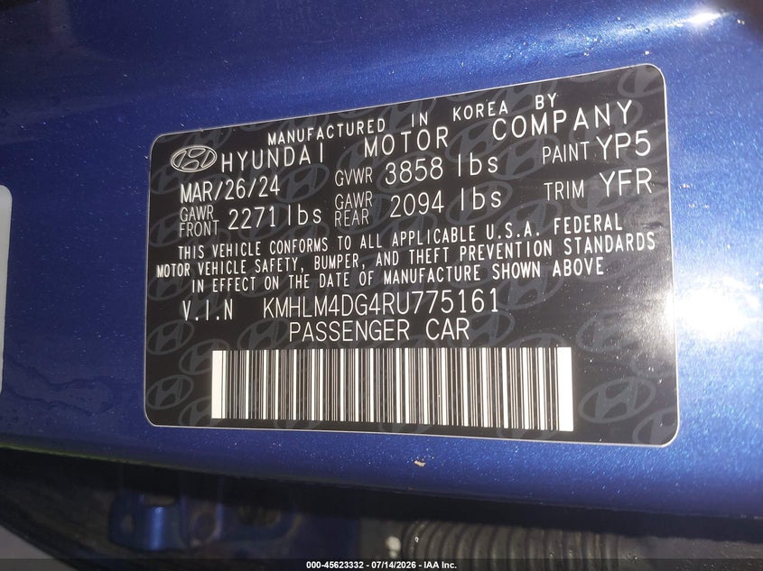 2024 Hyundai Elantra VIN KMHLM4DG4RU775161 IAAI salvage auction — FRONT END, Certificate Of Destruction (Florida), sold $25 on 2026-07-16 (photo 9)