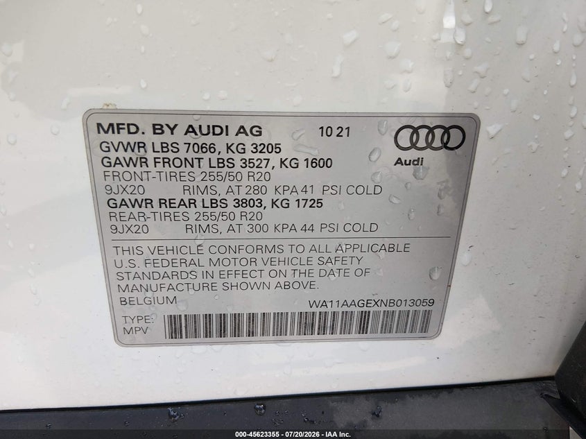 2022 Audi E-tron sportback VIN WA11AAGEXNB013059 IAAI salvage auction — LEFT FRONT, Salvage (North Carolina), sold $17,000 on 2026-08-02 (photo 9)