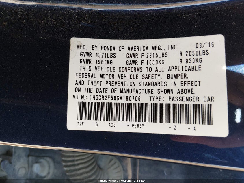2016 Honda Accord VIN 1HGCR2F56GA180706 IAAI salvage auction — SIDE, Clear (Arkansas), sold $3,900 on 2026-07-29 (photo 9)