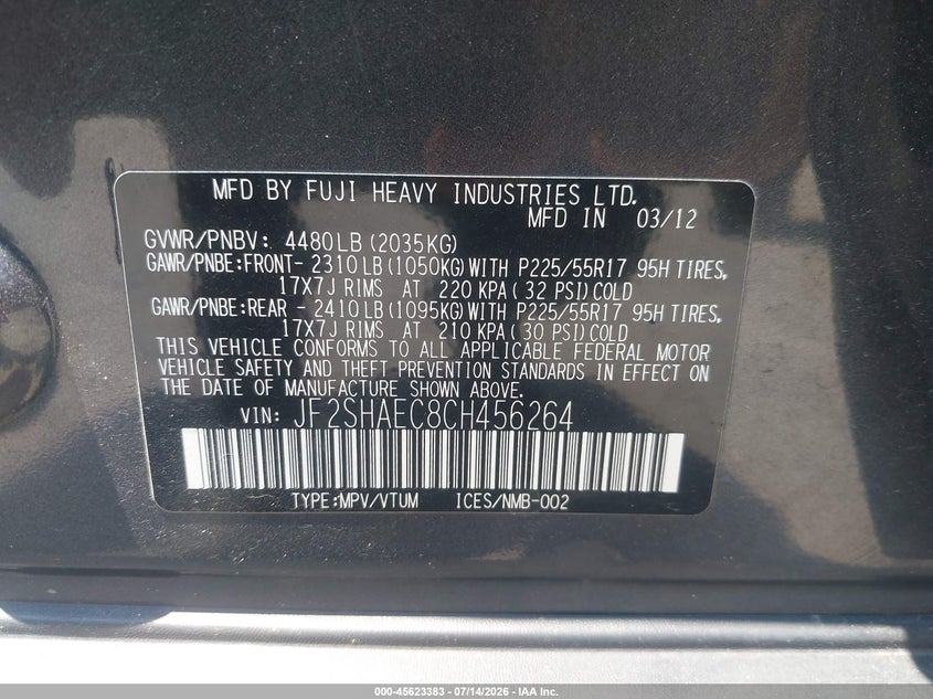 2012 Subaru Forester VIN JF2SHAEC8CH456264 IAAI salvage auction — LEFT & RIGHT, Salvage - Greater Than 75% (Maryland), sold $1,900 on 2026-07-31 (photo 9)