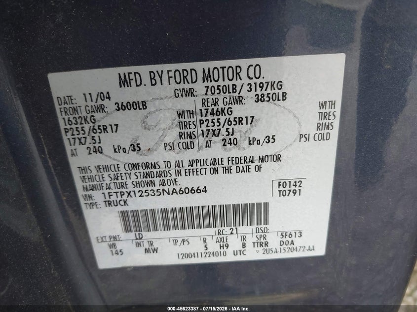 2005 Ford F-150 VIN 1FTPX12535NA60664 IAAI salvage auction — NORMAL WEAR, Clear (Alabama), sold $2,500 on 2026-07-27 (photo 9)