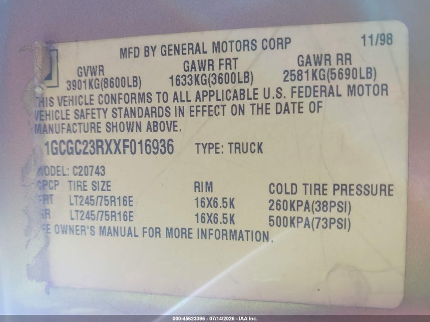 1999 Chevrolet C/k 2500 VIN 1GCGC23RXXF016936 IAAI salvage auction — SIDE, Salvage (Tennessee), sold $900 on 2026-07-25 (photo 9)