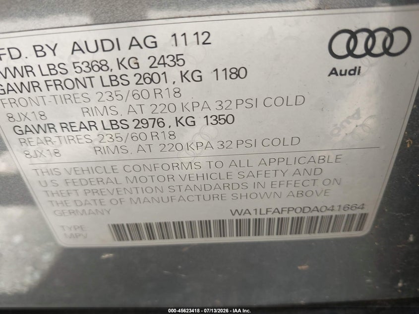 2013 Audi Q5 VIN WA1LFAFP0DA041664 IAAI salvage auction — NORMAL WEAR, Clear (Indiana), sold $1,100 on 2026-07-29 (photo 9)