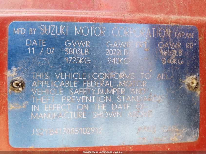 2008 Suzuki Sx4 VIN JS2YB417885102912 IAAI salvage auction — NORMAL WEAR, Clear (New Jersey), sold $675 on 2026-07-26 (photo 9)