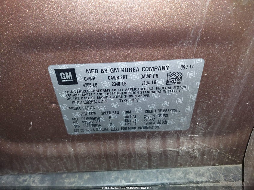 2017 Buick Encore VIN KL4CJASB2HB230468 IAAI salvage auction — NORMAL WEAR, Clear (Pennsylvania), sold $450 on 2026-07-30 (photo 9)