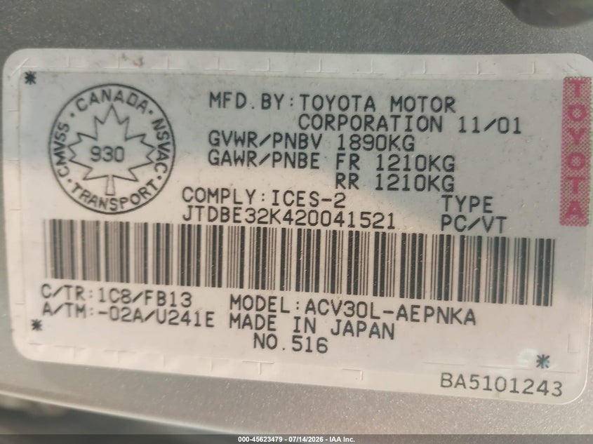 2002 Toyota Camry VIN JTDBE32K420041521 IAAI salvage auction — UNKNOWN, Clear (Massachusetts), sold $425 on 2026-07-24 (photo 9)