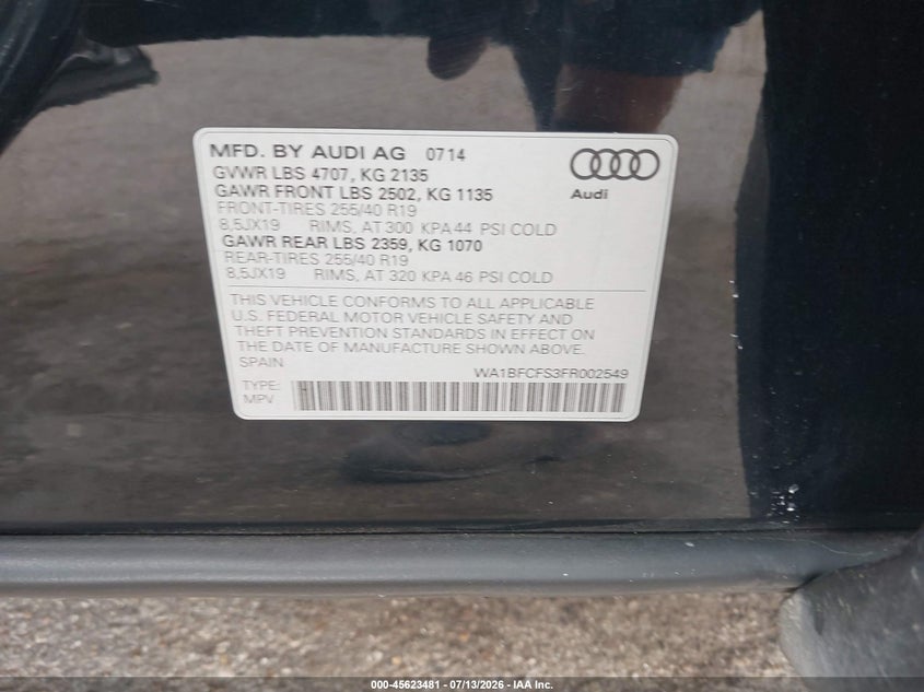 2015 Audi Q3 VIN WA1BFCFS3FR002549 IAAI salvage auction — NORMAL WEAR, Salvage Title, sold $25 on 2026-07-22 (photo 9)