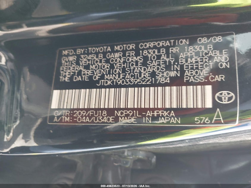 2009 Toyota Yaris VIN JTDBT903091305214 IAAI salvage auction — NORMAL WEAR, Clear (Florida), sold $1,150 on 2026-07-16 (photo 9)