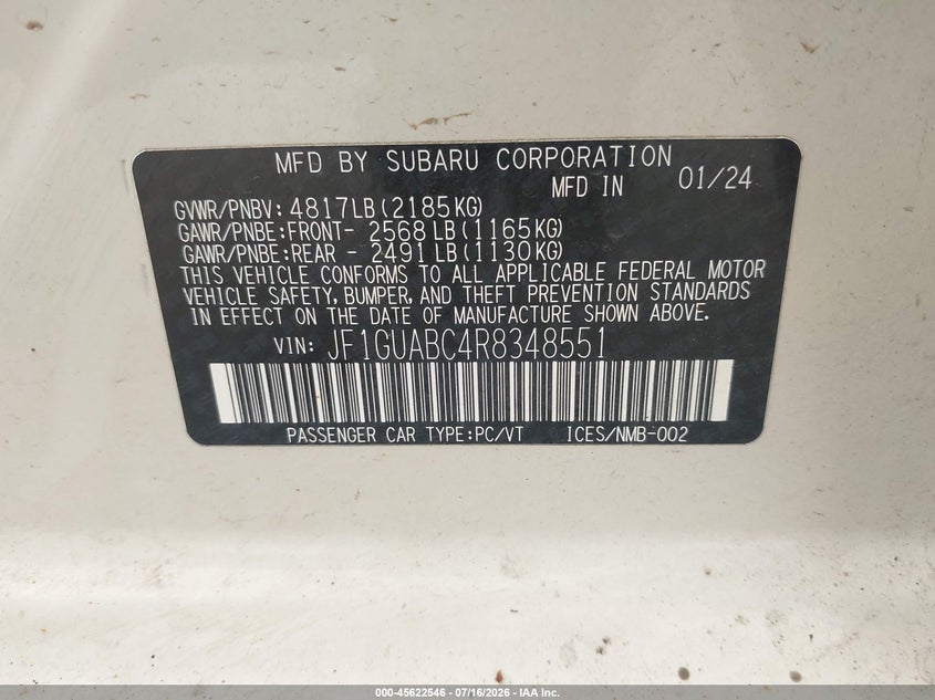 2024 Subaru Impreza VIN JF1GUABC4R8348551 IAAI salvage auction — HAIL, Wait Title, sold $9,800 on 2026-09-01 (photo 9)
