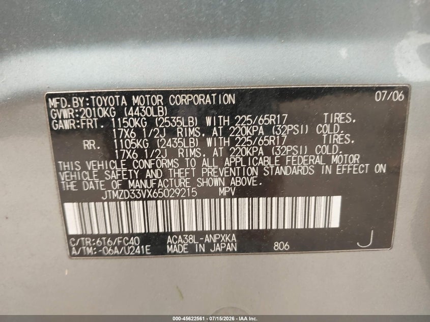 2006 Toyota Rav4 VIN JTMZD33VX65029215 IAAI salvage auction — NORMAL WEAR, Clear (Massachusetts), sold $1,700 on 2026-07-31 (photo 9)