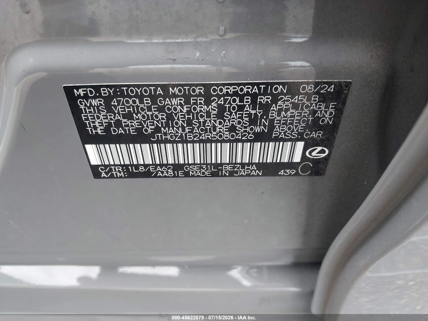 2024 Lexus Is VIN JTHGZ1B24R5080426 IAAI salvage auction — WATER/FLOOD, Salvage Title, sold $16,300 on 2026-08-25 (photo 9)