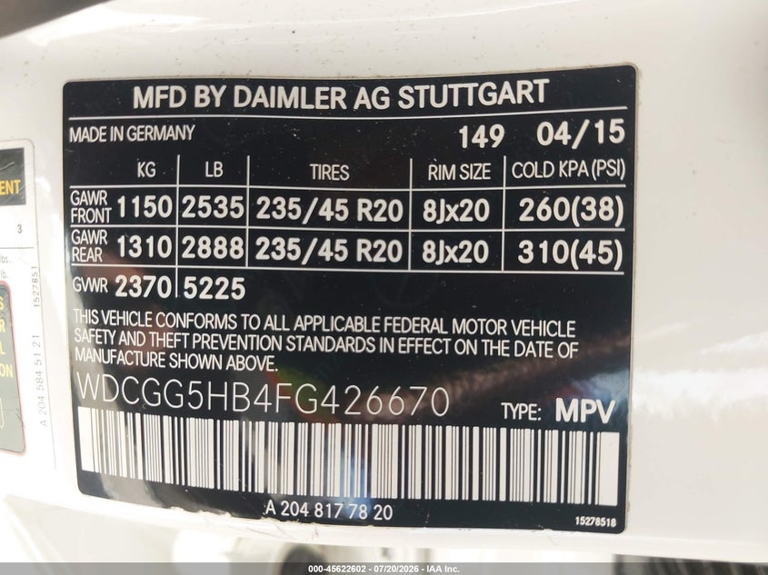 2015 Mercedes-benz Glk-klasse VIN WDCGG5HB4FG426670 IAAI salvage auction — RIGHT SIDE, Wait Title, sold $4,025 on 2026-08-20 (photo 9)