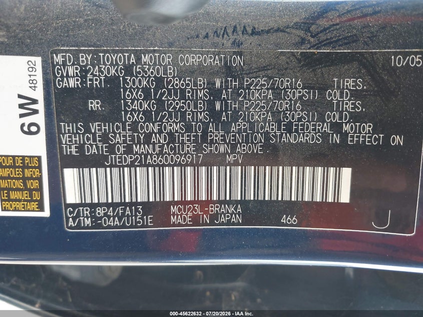 2006 Toyota Highlander VIN JTEDP21A860096917 IAAI salvage auction — NORMAL WEAR, Clear - Dealer Only (California), sold $500 on 2026-07-28 (photo 9)