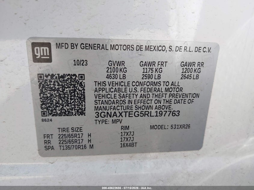 2024 Chevrolet Equinox VIN 3GNAXTEG5RL197763 IAAI salvage auction — REAR END, Clear (Washington), sold $10,100 on 2026-07-29 (photo 9)