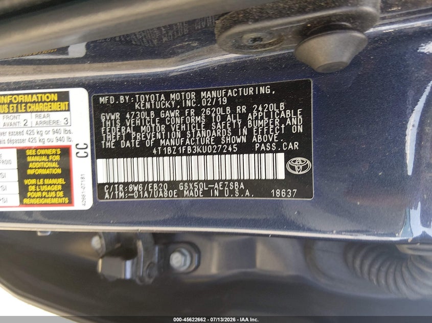 2019 Toyota Avalon VIN 4T1BZ1FB3KU027245 IAAI salvage auction — FRONT & REAR, Salvage Title, sold $9,200 on 2026-08-21 (photo 9)