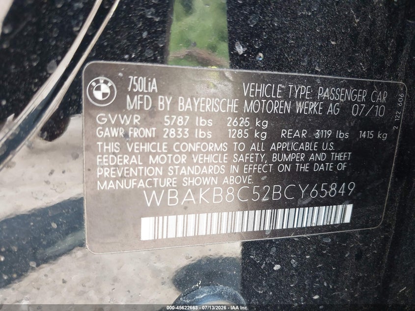 2011 BMW 7 series VIN WBAKB8C52BCY65849 IAAI salvage auction — NORMAL WEAR, Clear (Virginia), sold $125 on 2026-07-28 (photo 9)