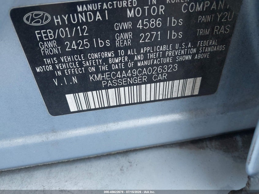 2012 Hyundai Sonata VIN KMHEC4A49CA026323 IAAI salvage auction — NORMAL WEAR, Clear (Georgia), sold $675 on 2026-07-29 (photo 9)